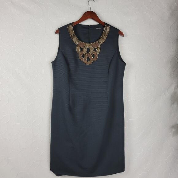 Ellen Tracy Womens Sheath Dress Size 16 Navy Beaded Sequin Statement Collar Mini - Picture 1 of 12